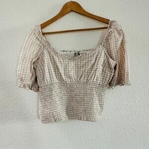 Abercombie & Fitch Cream Checkered Smocked Waist Crop Top Large